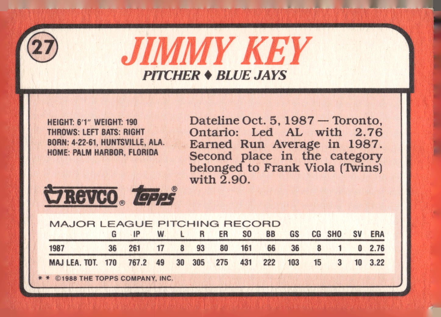 1988 Topps Revco League Leaders #27 Jimmy Key