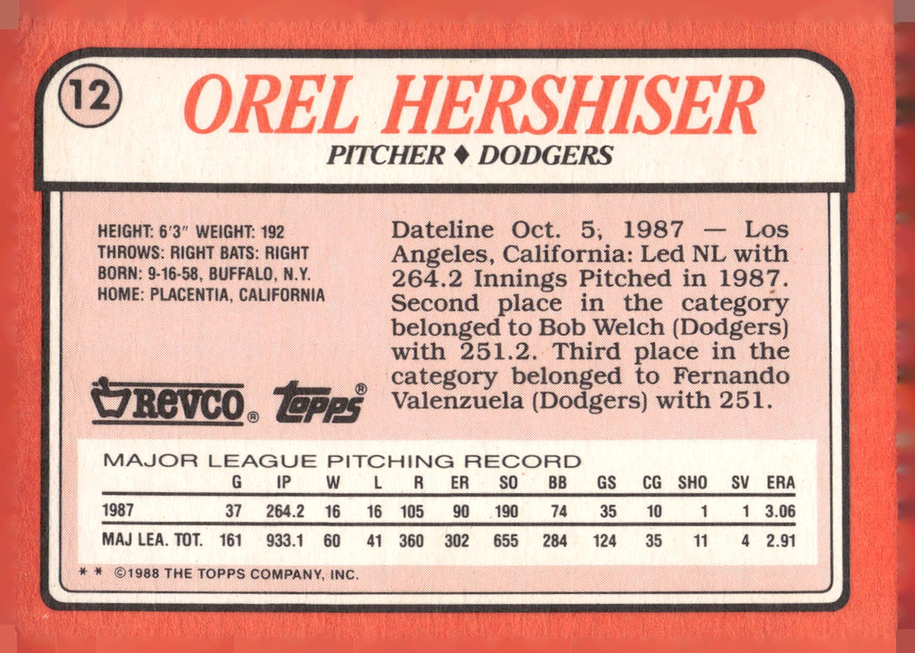1988 Topps Revco League Leaders #12 Orel Hershiser