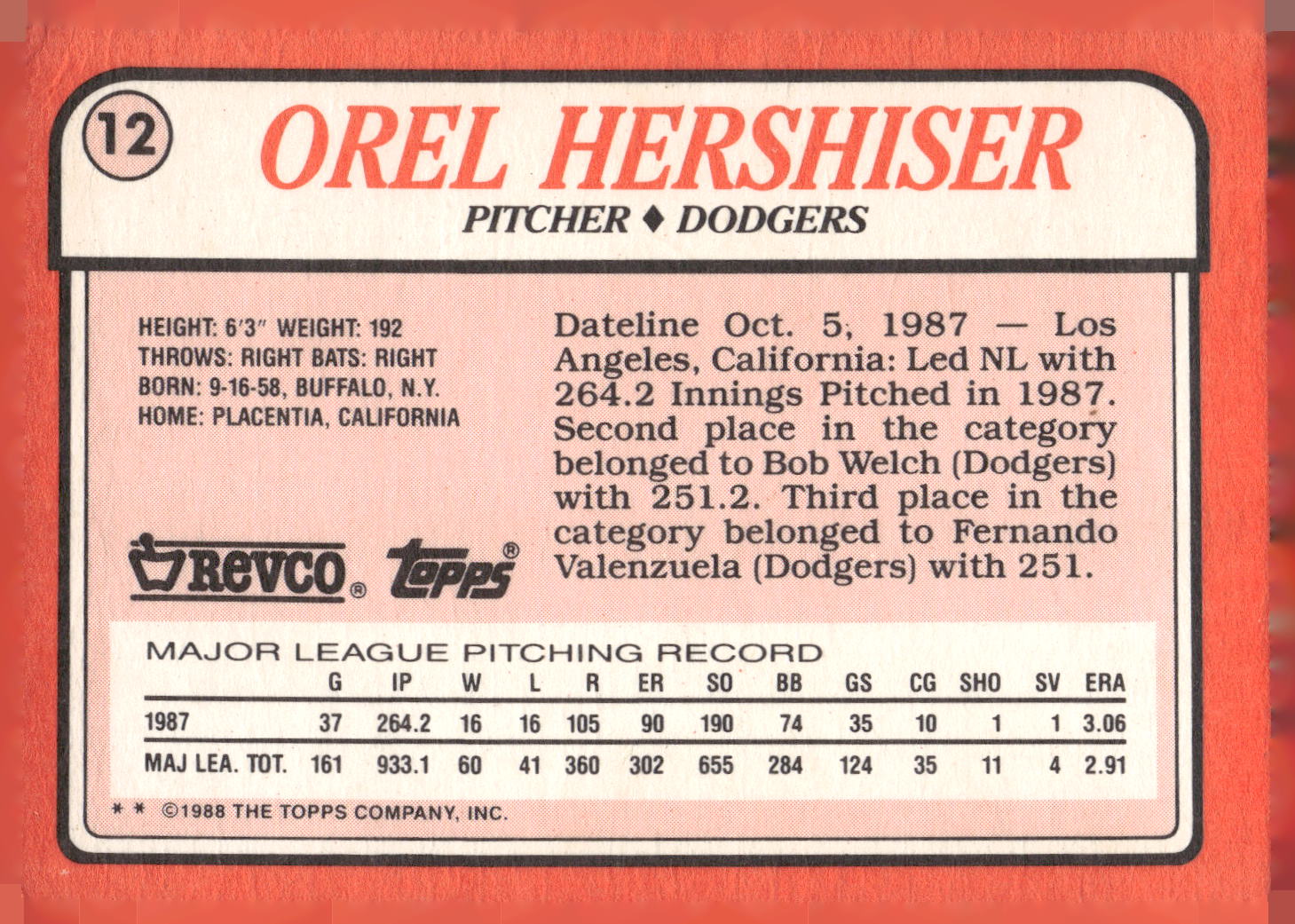 1988 Topps Revco League Leaders #12 Orel Hershiser