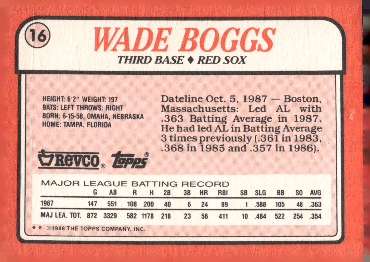 1988 Topps Revco League Leaders #16 Wade Boggs