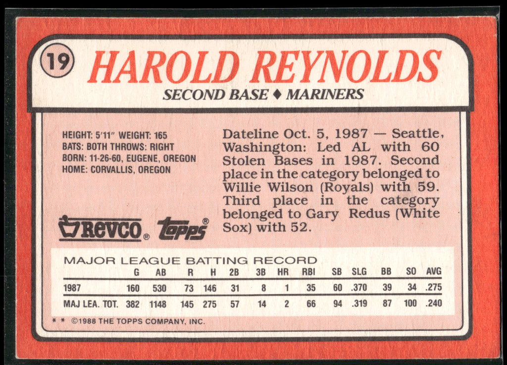 1988 Topps Revco League Leaders #19 Harold Reynolds