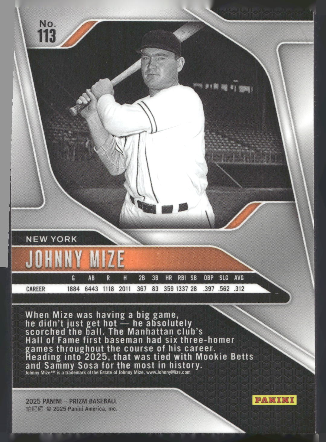 2025 Panini Prizm #113 Johnny Mize