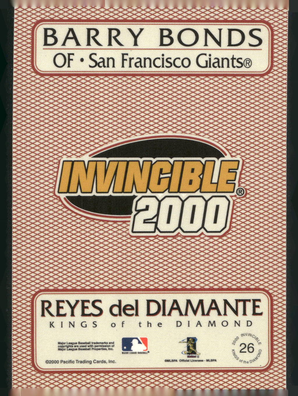 2000 Pacific Invincible #26 Barry Bonds Kings of the Diamond