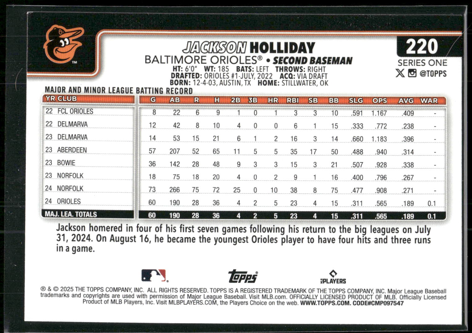 2025 Topps #220 Jackson Holliday Diamante Foil