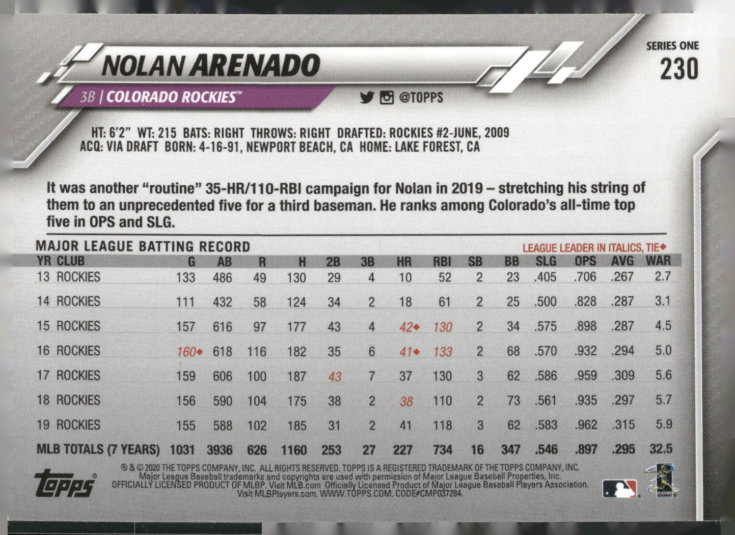 2020 Topps #230b Nolan Arenado