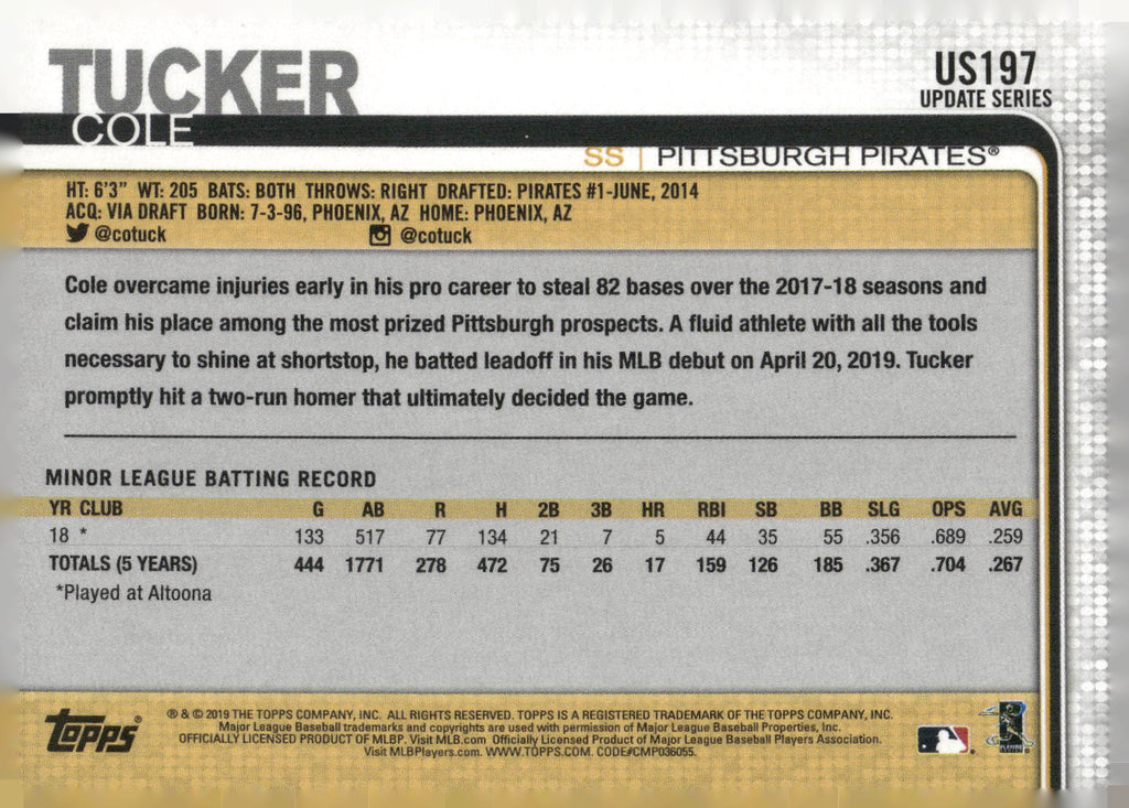 2019 Topps Update #US197b Cole Tucker