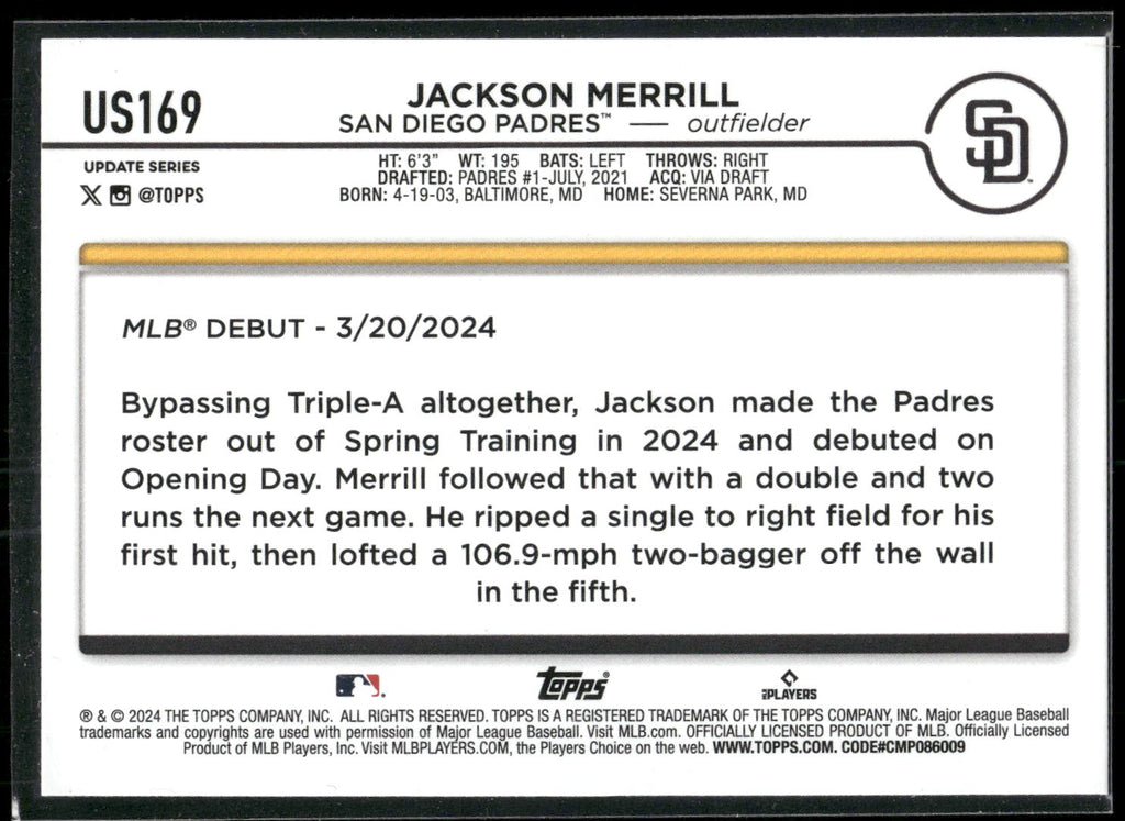2024 Topps Update #US169 Jackson Merrill