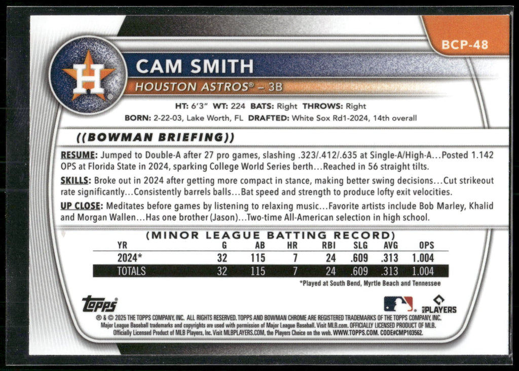 2025 Bowman #BCP-48 Cam Smith Chrome Prospects Mojo Refractor