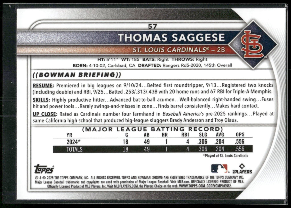 2025 Bowman #57 Thomas Saggese Chrome Mojo Refractor