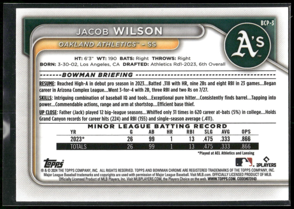 2024 Bowman #BCP-3 Jacob Wilson Chrome Prospects