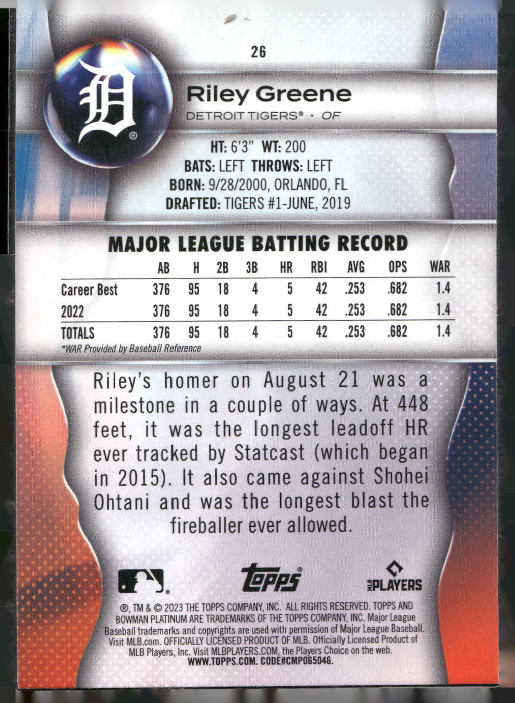 2023 Bowman Platinum #26 Riley Greene