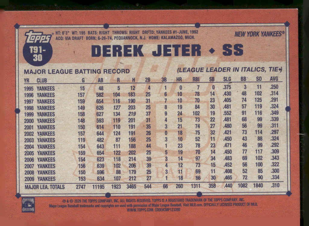 2026 Topps #T91-30 Derek Jeter 1991 Topps Baseball 35th Anniversary Crackle Foil