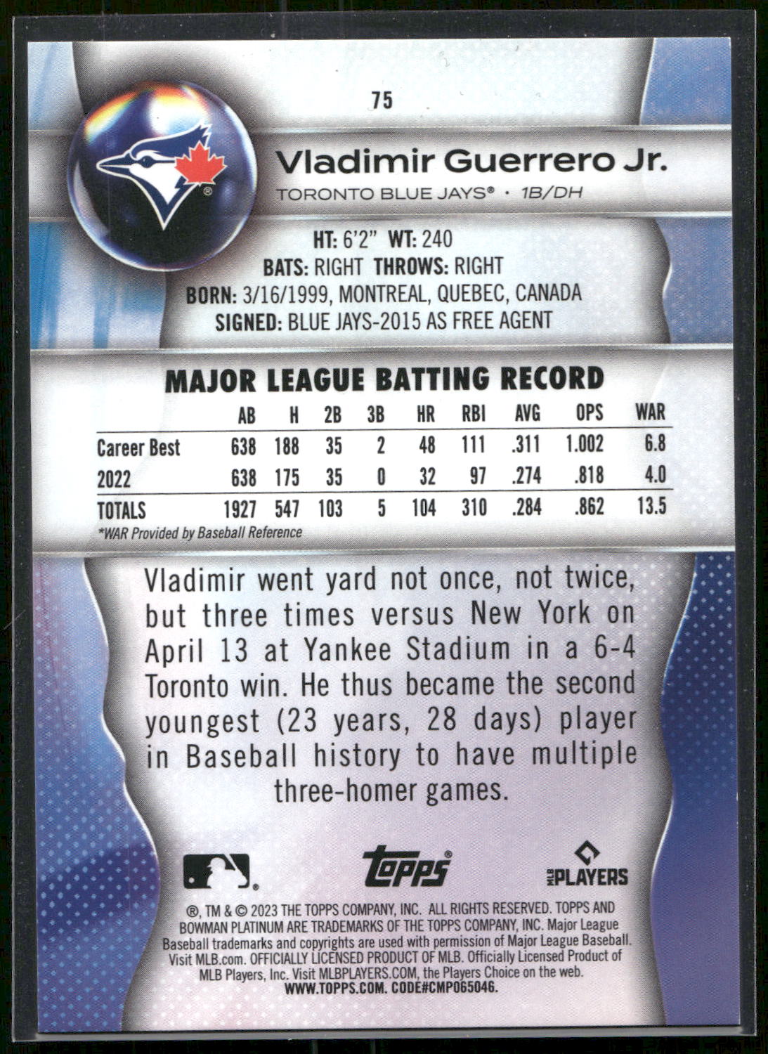 2023 Bowman Platinum #75 Vladimir Guerrero Jr. Ice Foil
