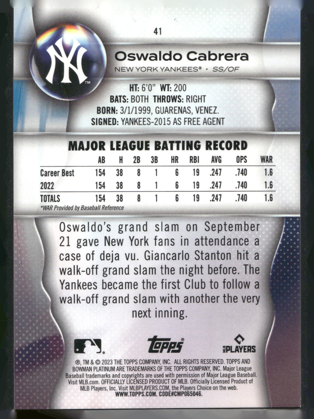 2023 Bowman Platinum #41 Oswaldo Cabrera  #/199