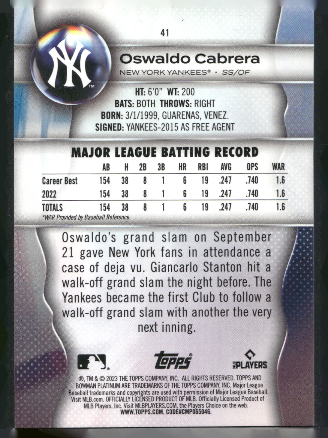 2023 Bowman Platinum #41 Oswaldo Cabrera  #/199