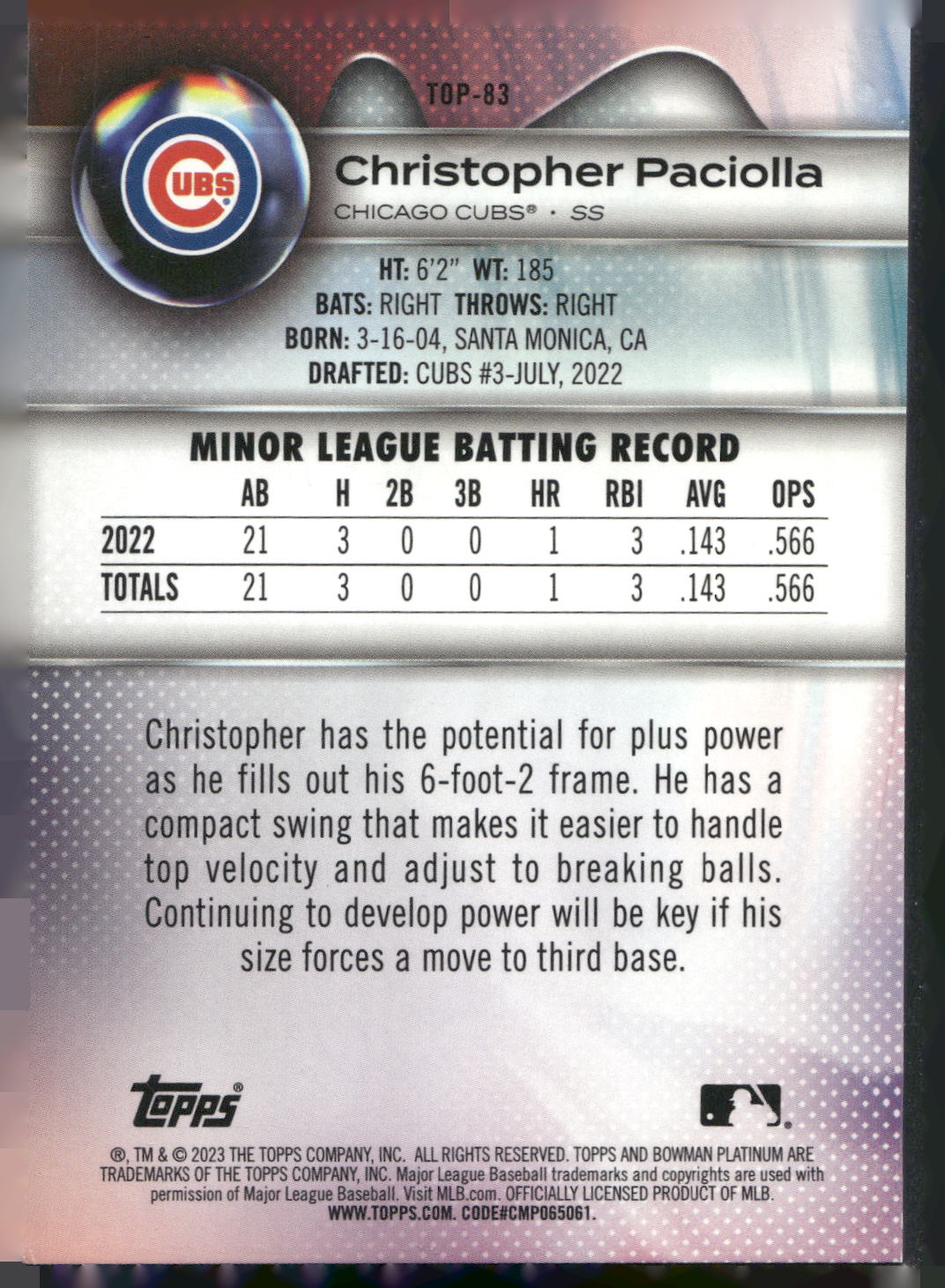 2023 Bowman Platinum #TOP-83 Christopher Paciolla Top Prospects #/199