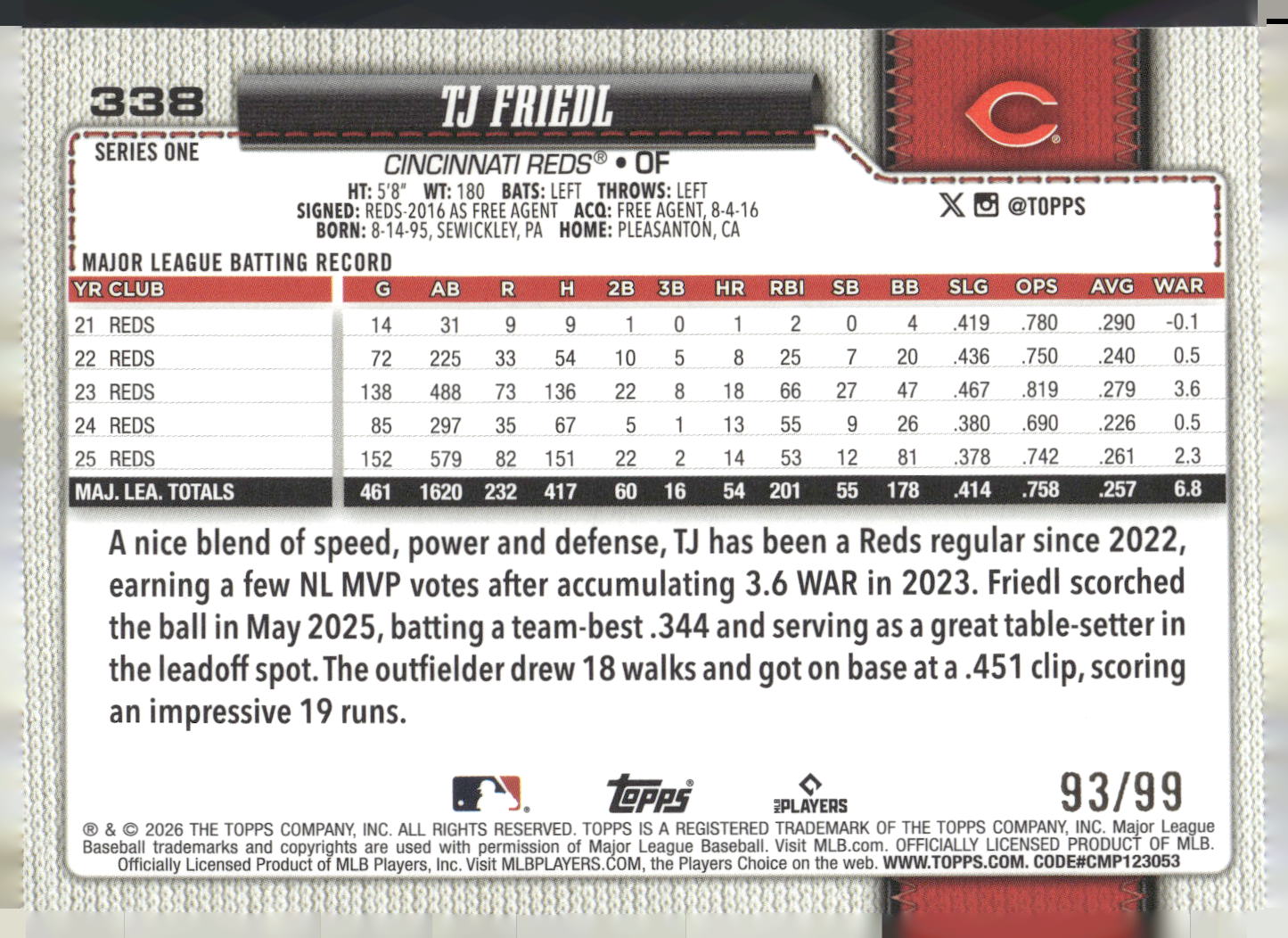 2026 Topps #338 TJ Friedl 1991 Topps Baseball 35th Anniversary Relics Green #/99