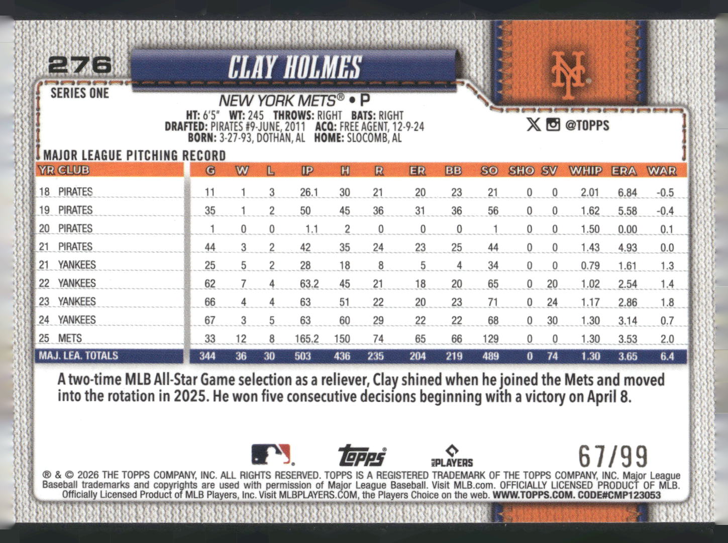 2026 Topps #276 Clay Holmes 1991 Topps Baseball 35th Anniversary Relics #/99