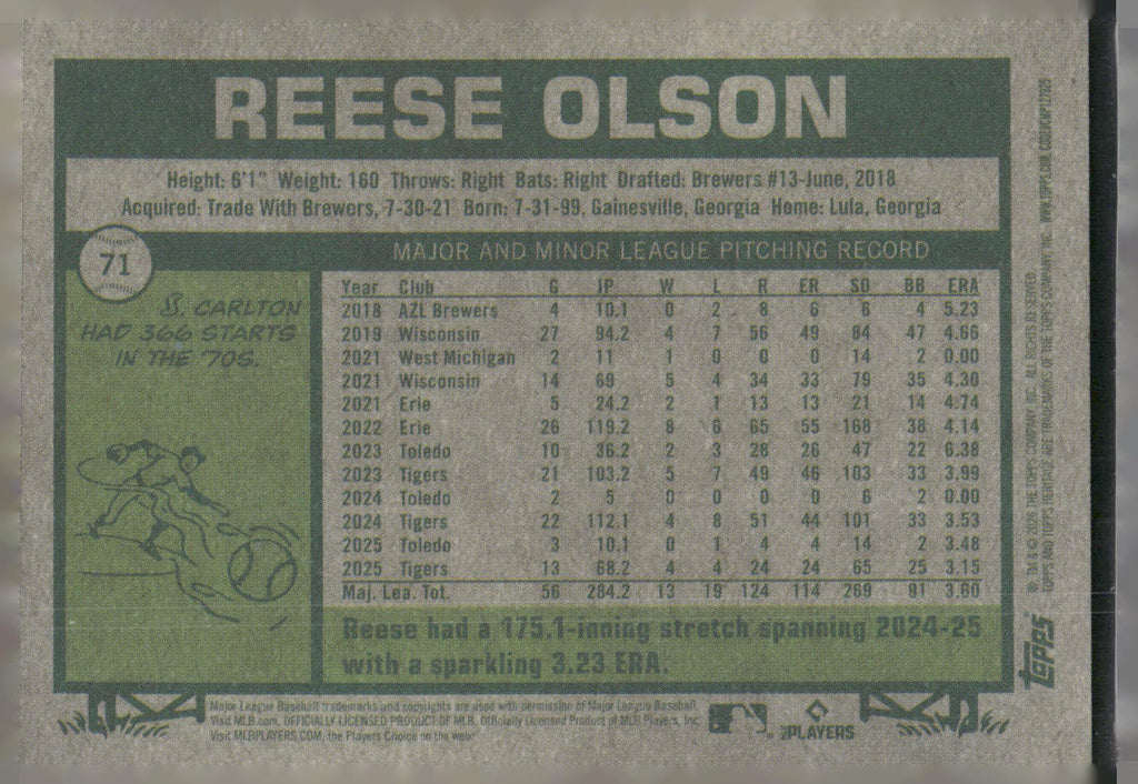 2026 Topps Heritage #71 Reese Olson Chrome Pink Sparkle Refractors