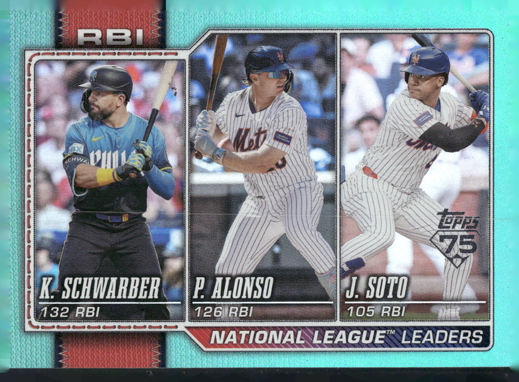 2026 Topps #11 National League Leaders RBI Schwarber Alonso Soto Aqua Holo Foil