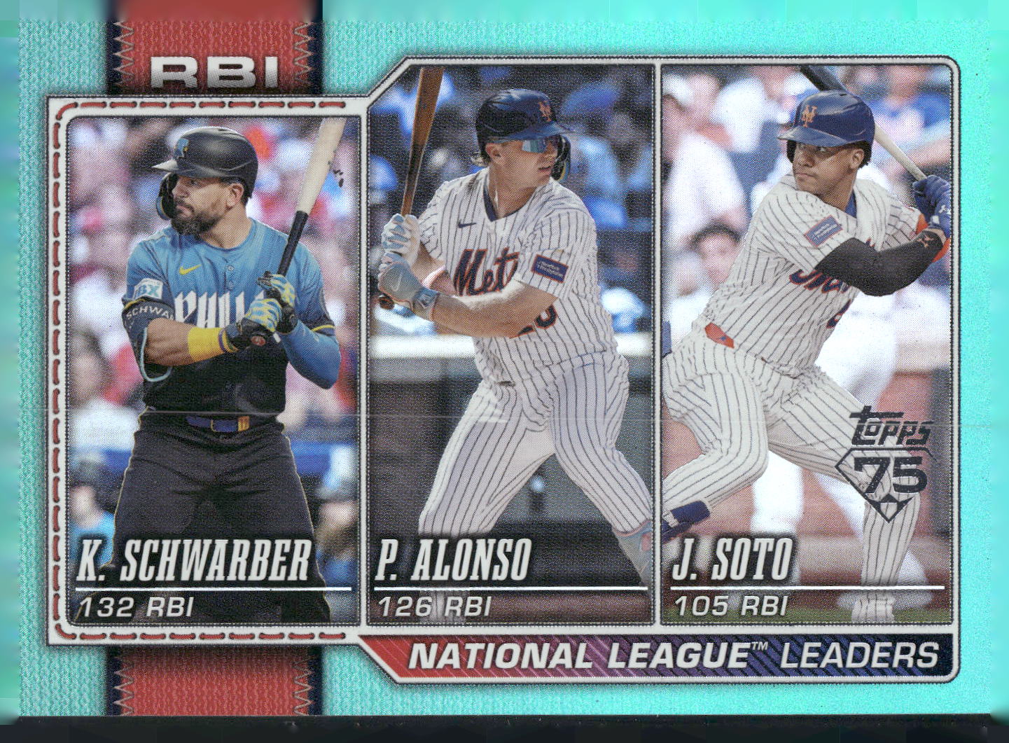 2026 Topps #11 National League Leaders RBI Schwarber Alonso Soto Aqua Holo Foil