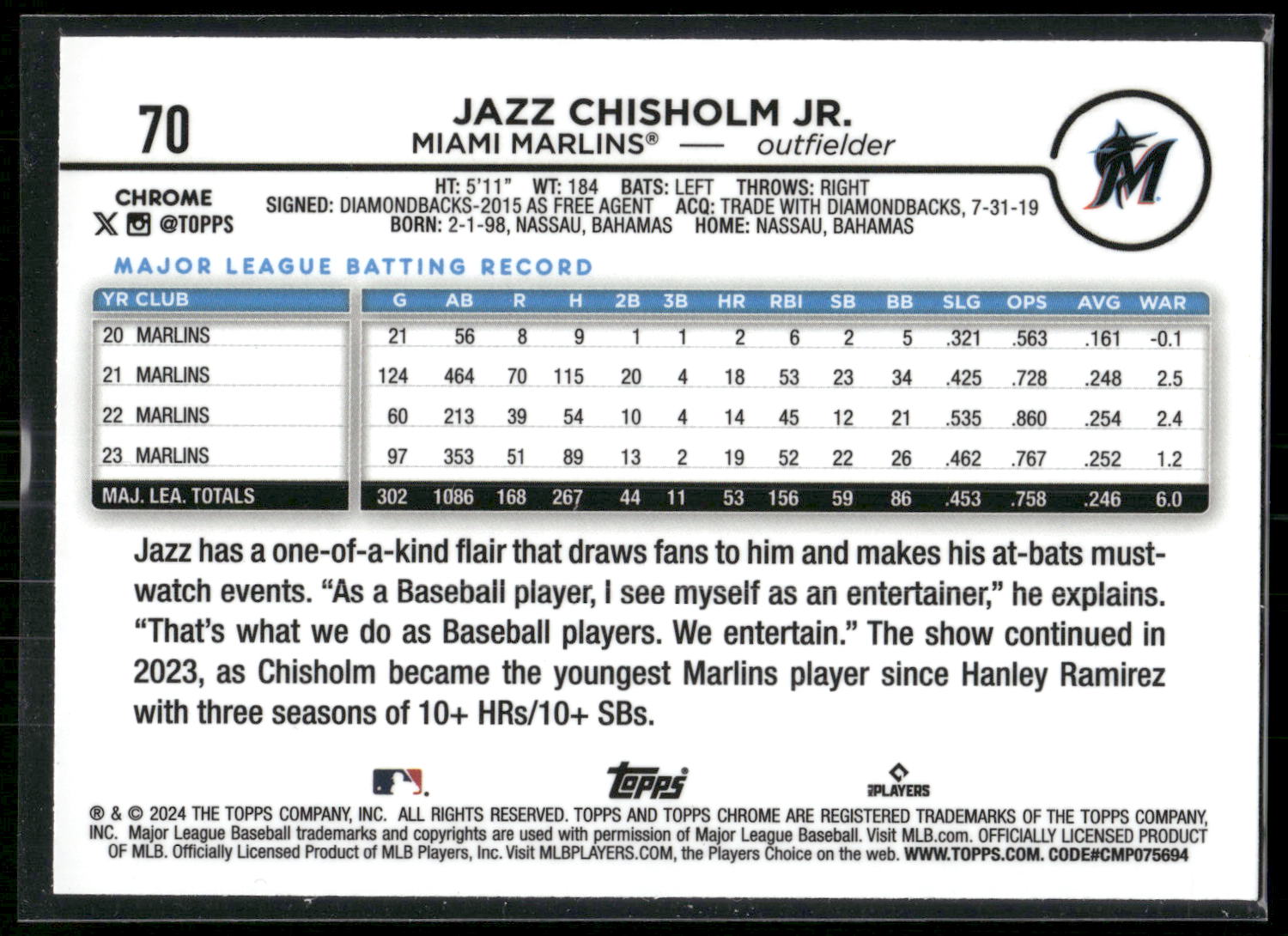 2024 Topps Chrome #70 Jazz Chisholm Jr. Raywave Refractors