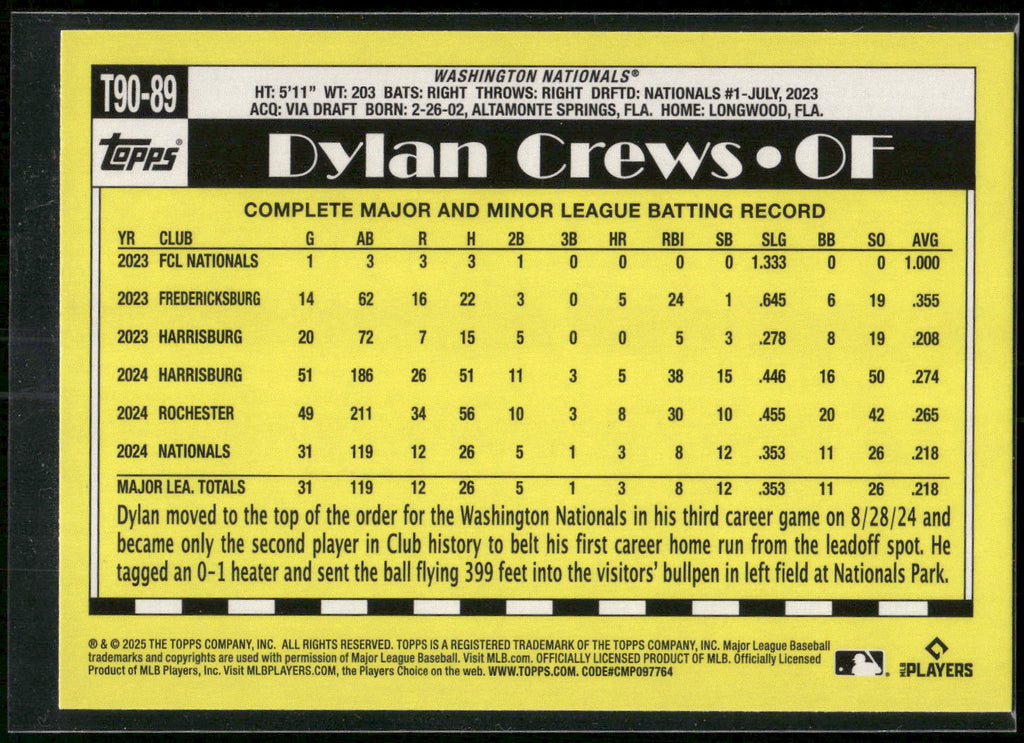 2025 Topps #T90-89 Dylan Crews 1990 Topps Baseball 35th Anniversary