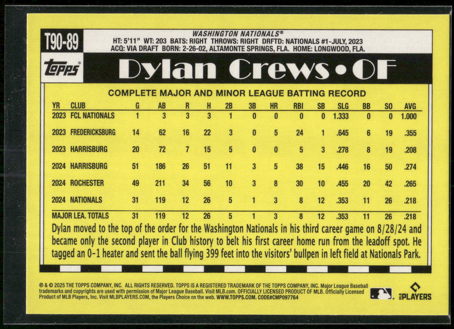 2025 Topps #T90-89 Dylan Crews 1990 Topps Baseball 35th Anniversary
