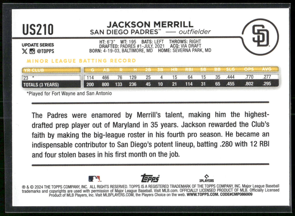 2024 Topps Update #US210 Jackson Merrill
