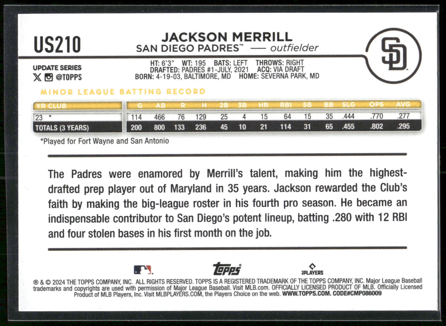 2024 Topps Update #US210 Jackson Merrill