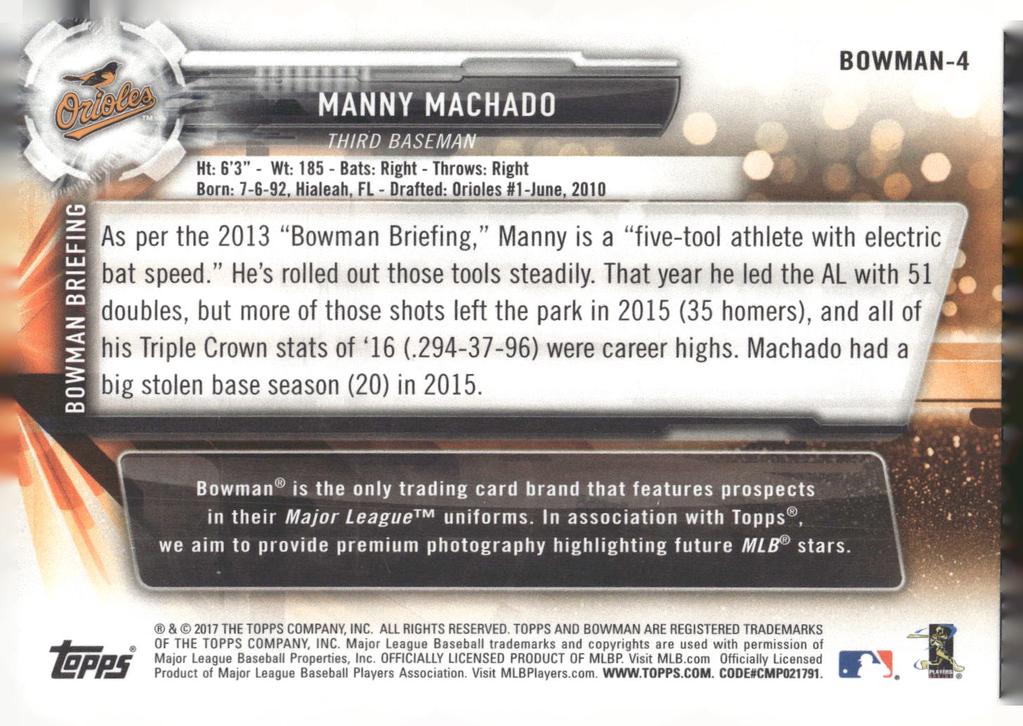 2017 Topps #BOWMAN-4 Manny Machado Bowman Then & Now
