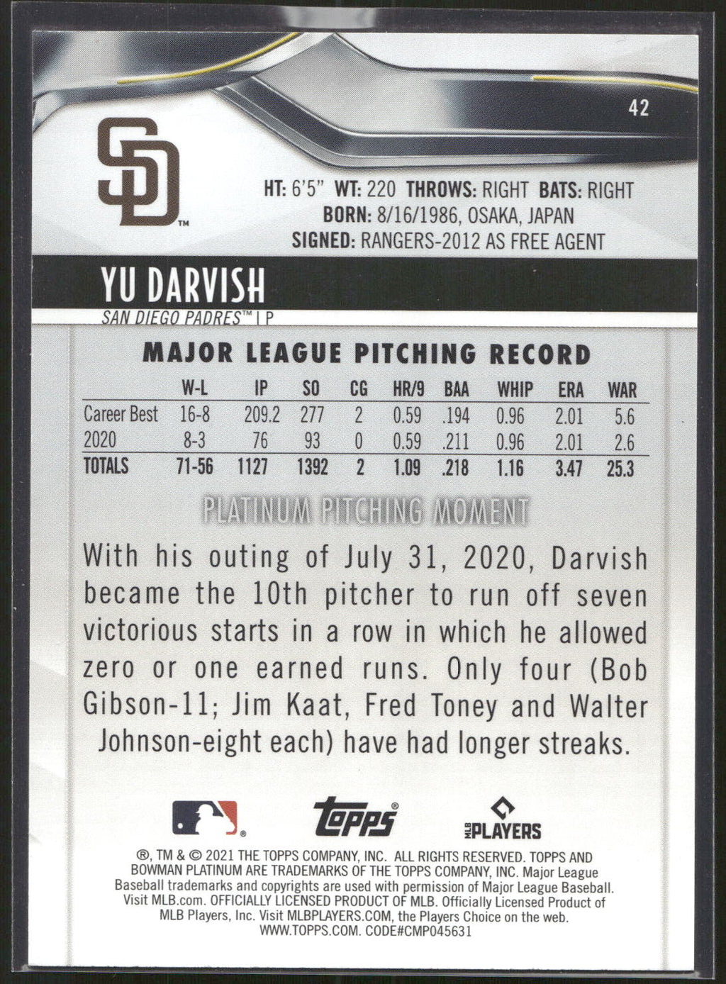 2021 Bowman Platinum #42 Yu Darvish Foilboard #/299