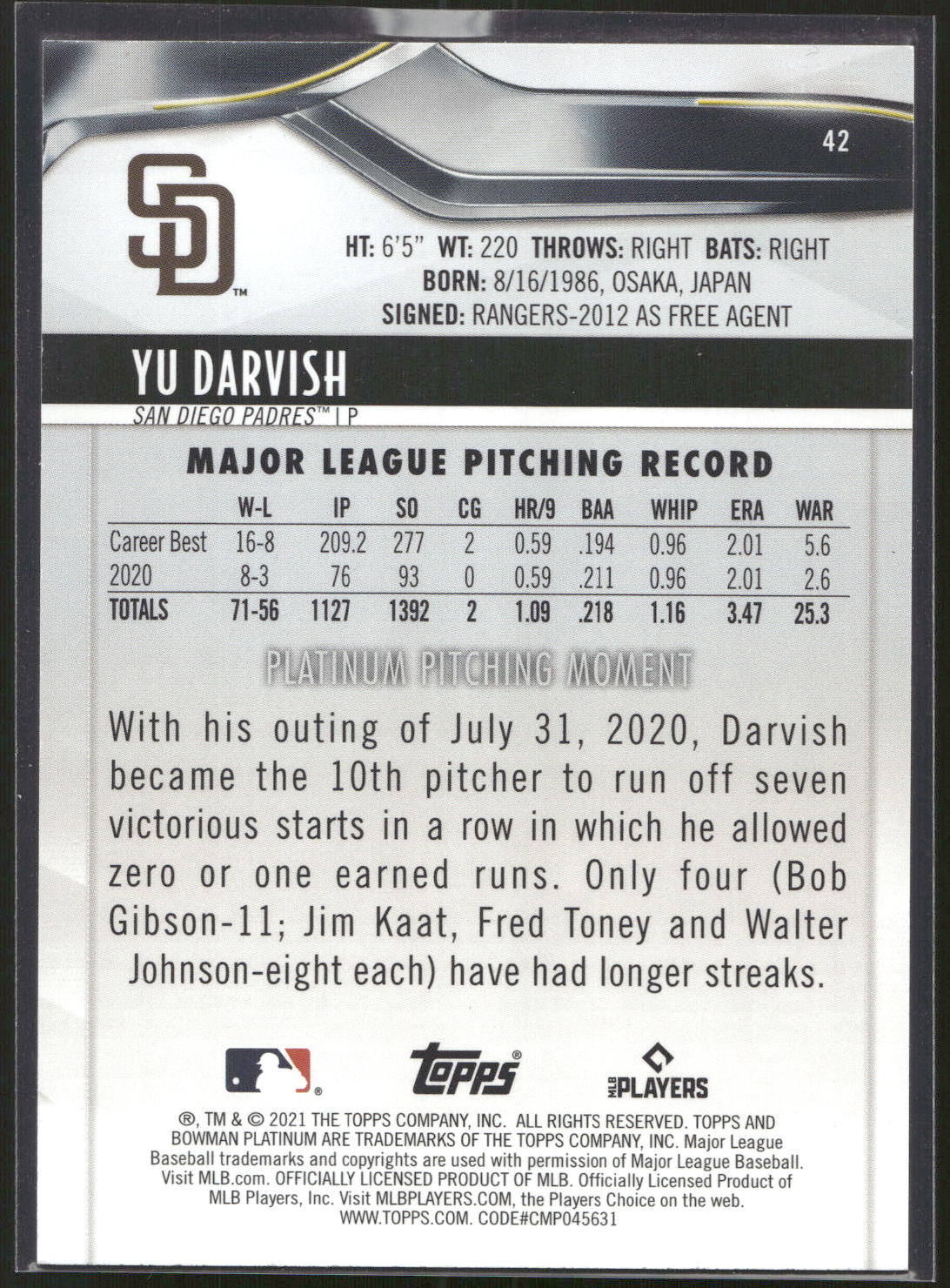 2021 Bowman Platinum #42 Yu Darvish Foilboard #/299