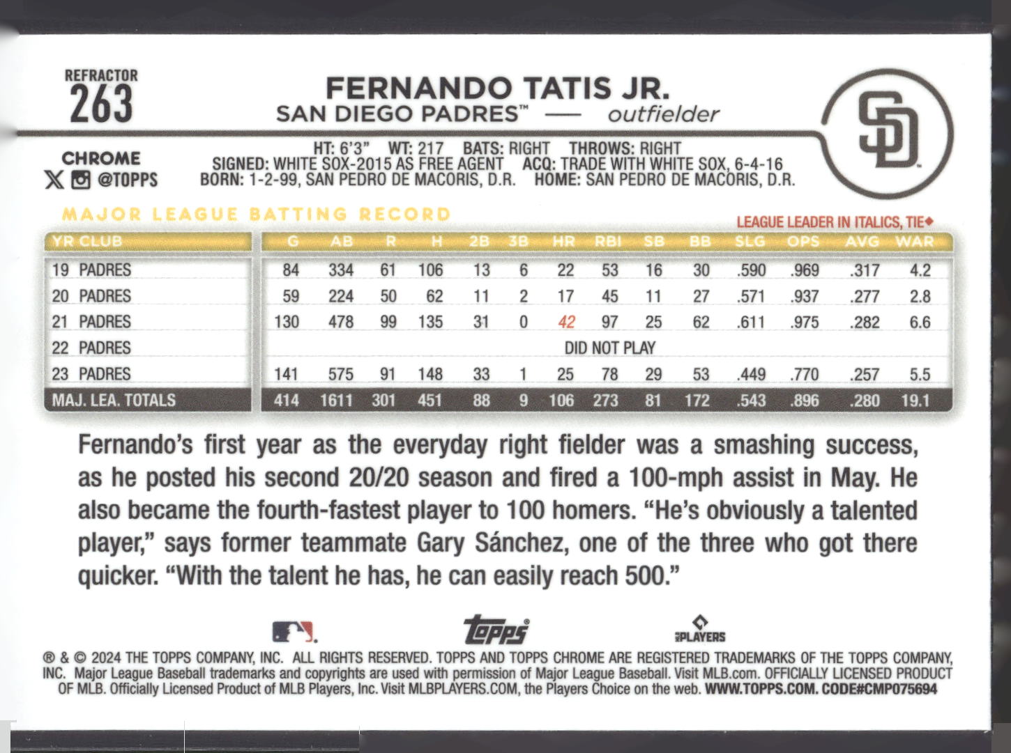 2024 Topps Chrome #263 Fernando Tatis Jr.