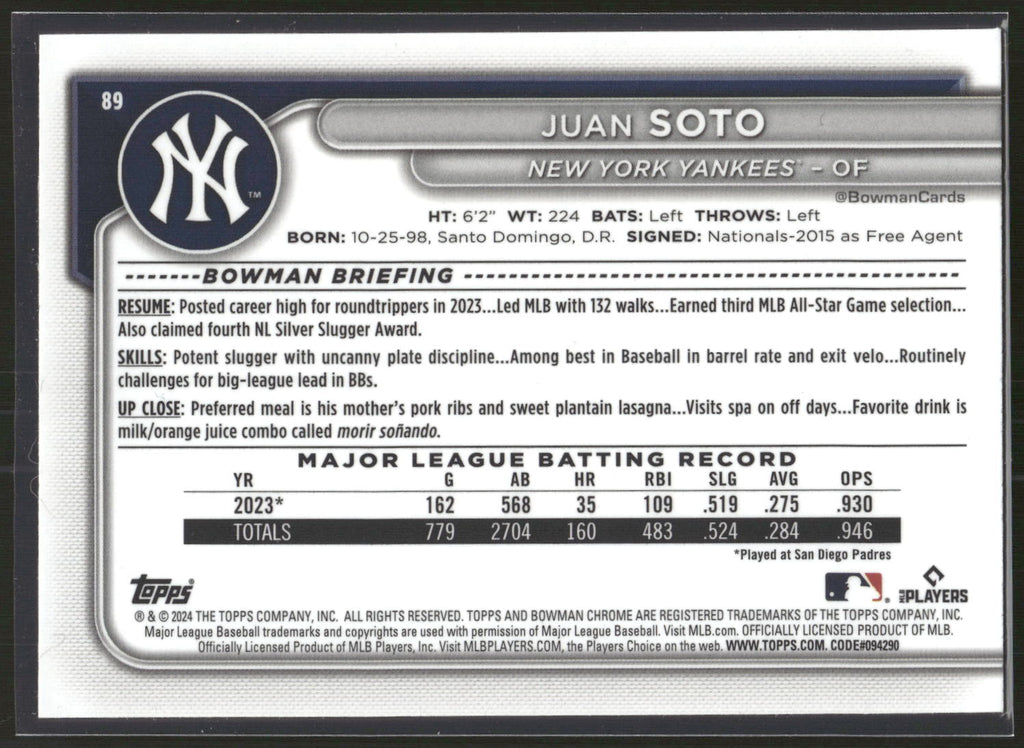 2024 Bowman Chrome #89 Juan Soto Mojo Refractors