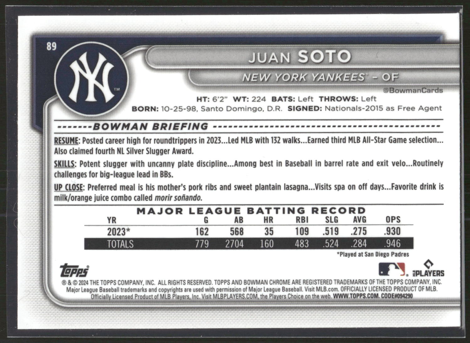 2024 Bowman Chrome #89 Juan Soto Mojo Refractors