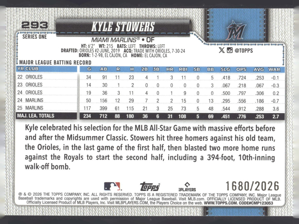2026 Topps #293 Kyle Stowers Gold #/2026