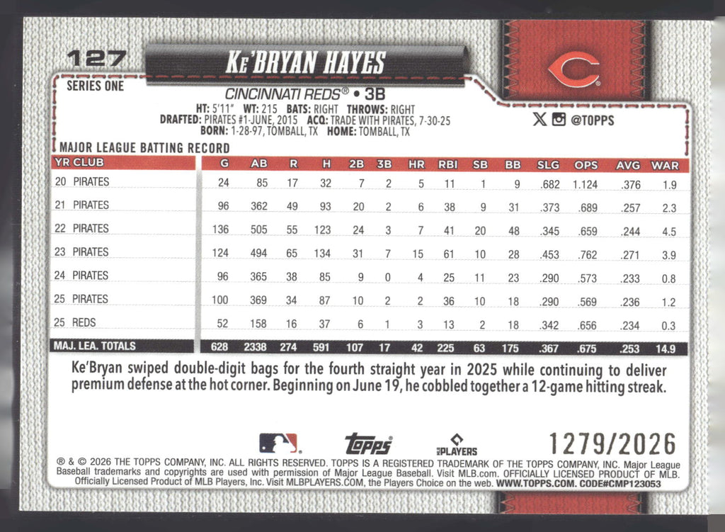 2026 Topps #127 Ke'Bryan Hayes Gold #/2026