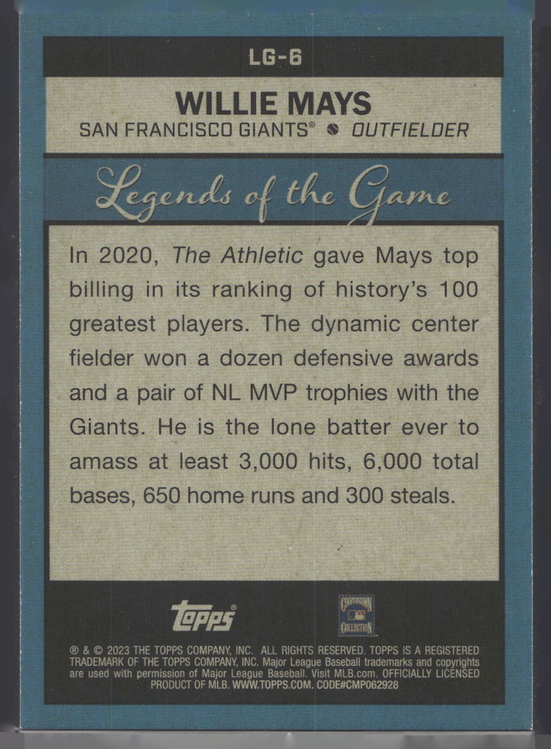 2023 Topps #LG-6 Willie Mays Legends of the Game