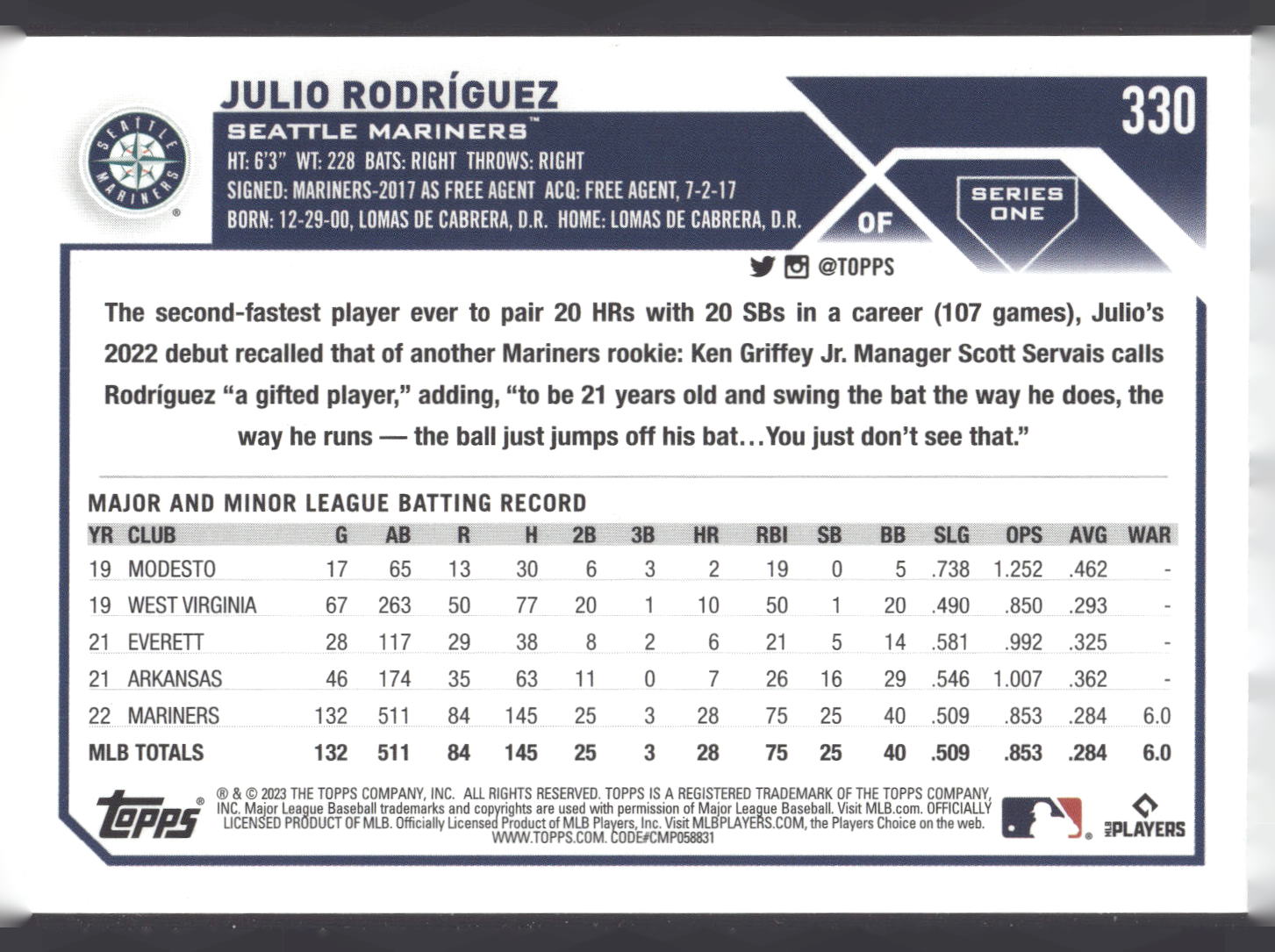 2023 Topps 1st Edition #330 Julio Rodríguez