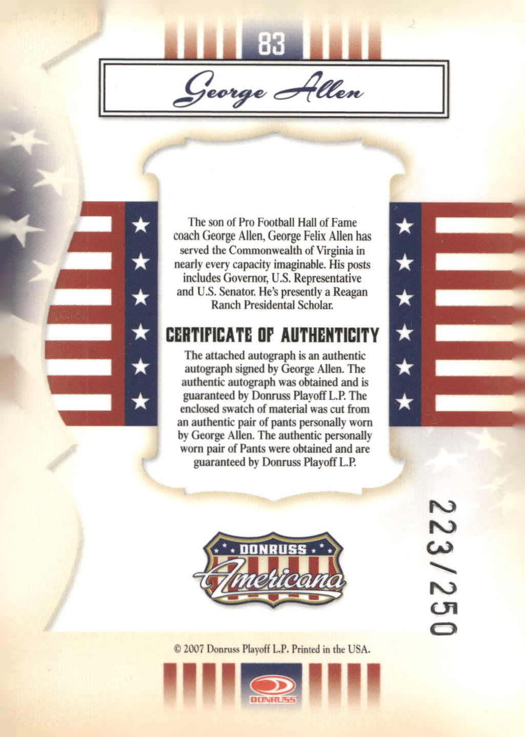 2007 Donruss Americana #83 George Allen Stars Signature Material