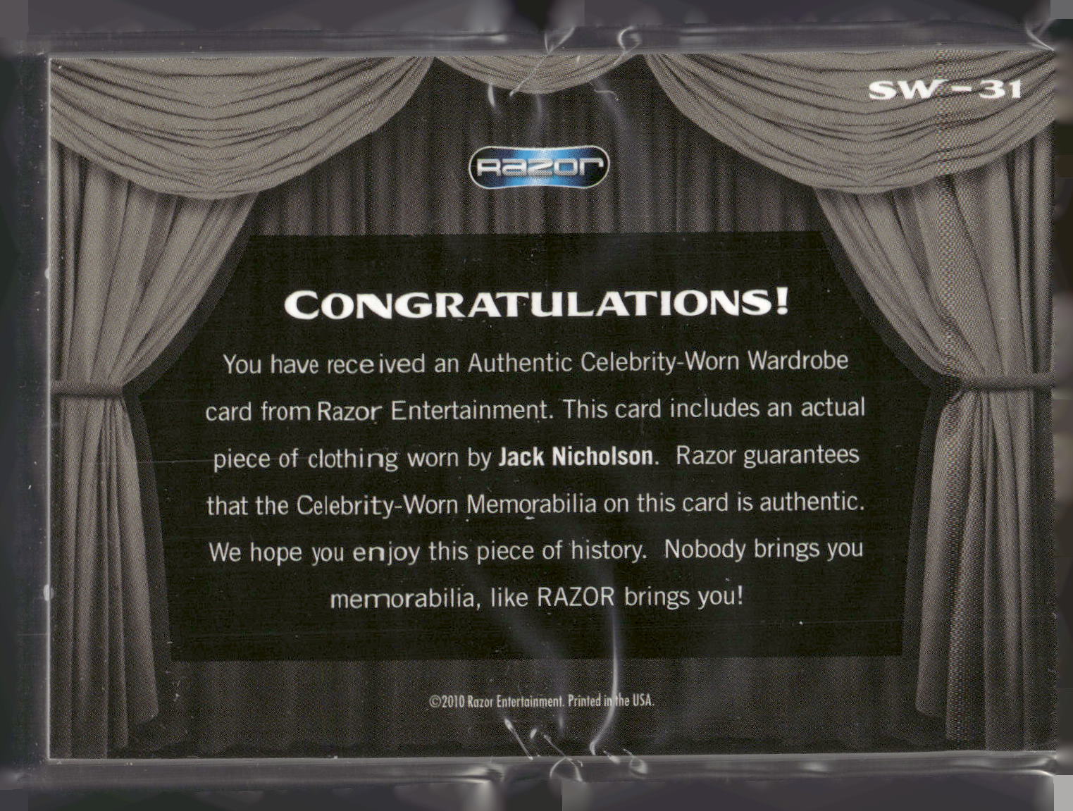 2010 Razor Pop Century #SW-31 Jack Nicholson Celebrity-Worn Wardrobe