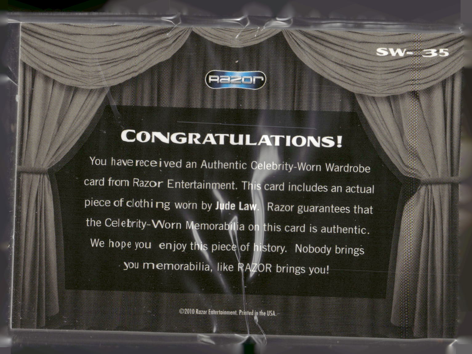 2010 Razor Pop Century #SW-35 Jude Law Celebrity-Worn Wardrobe
