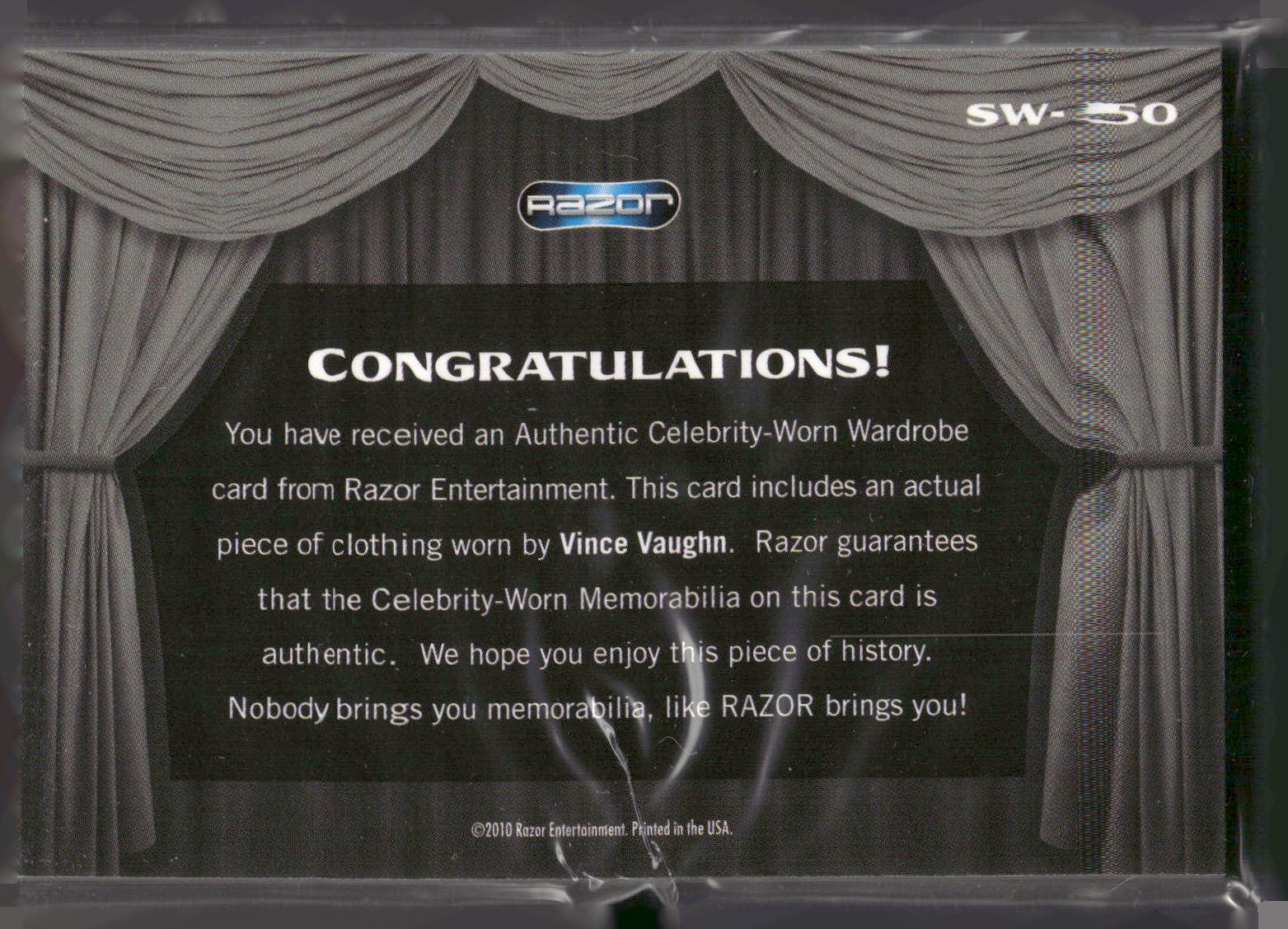 2010 Razor Pop Century #SW-50 Vince Vaughn Celebrity-Worn Wardrobe