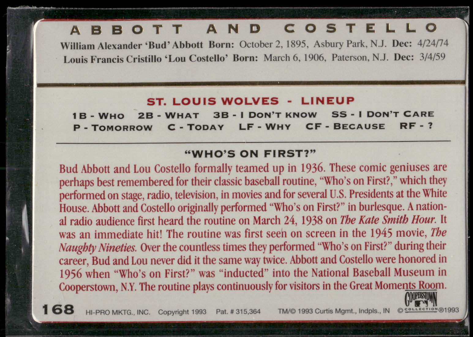 1993 Action Packed All-Star Gallery Series II #168 "Who's on First?"