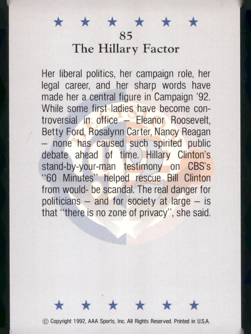 1992 Wild Card Decision '92 #85 The Hillary Factor