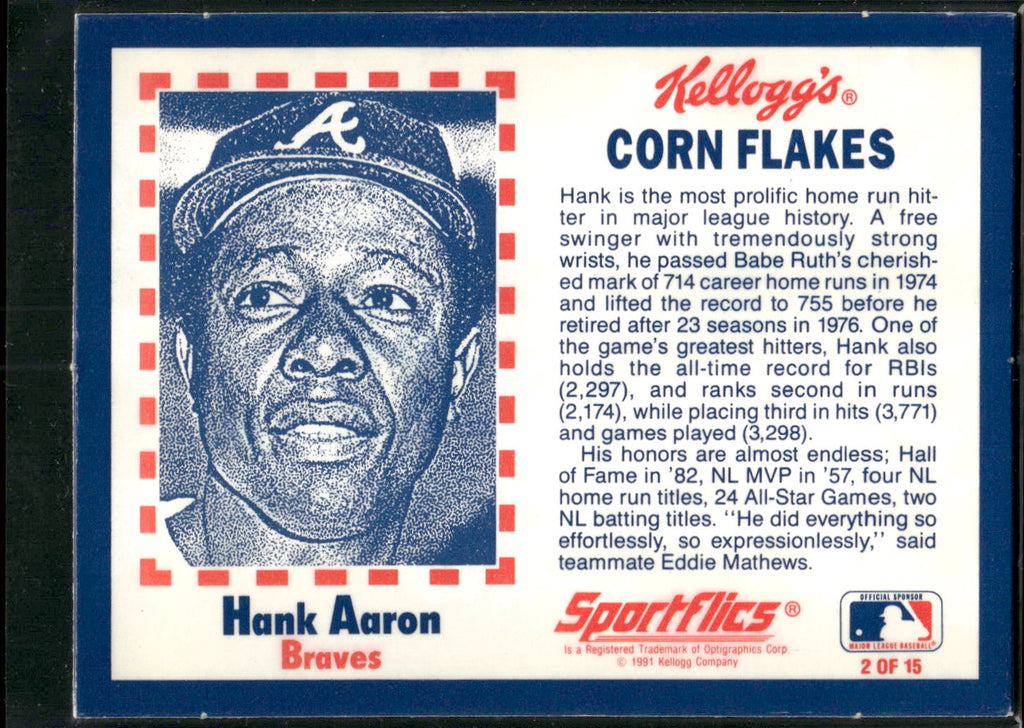 1991 Kellogg's Corn Flakes Baseball Greats #2 Hank Aaron