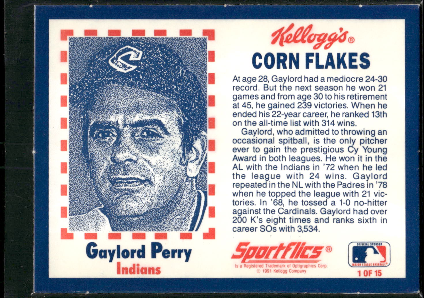 1991 Kellogg's Corn Flakes Baseball Greats #1 Gaylord Perry