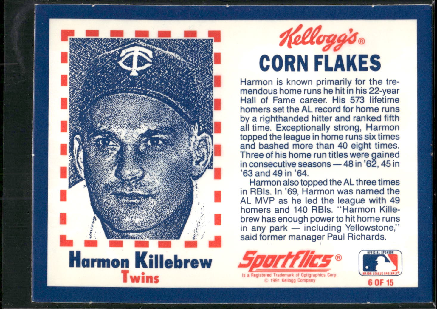 1991 Kellogg's Corn Flakes Baseball Greats #6 Harmon Killebrew