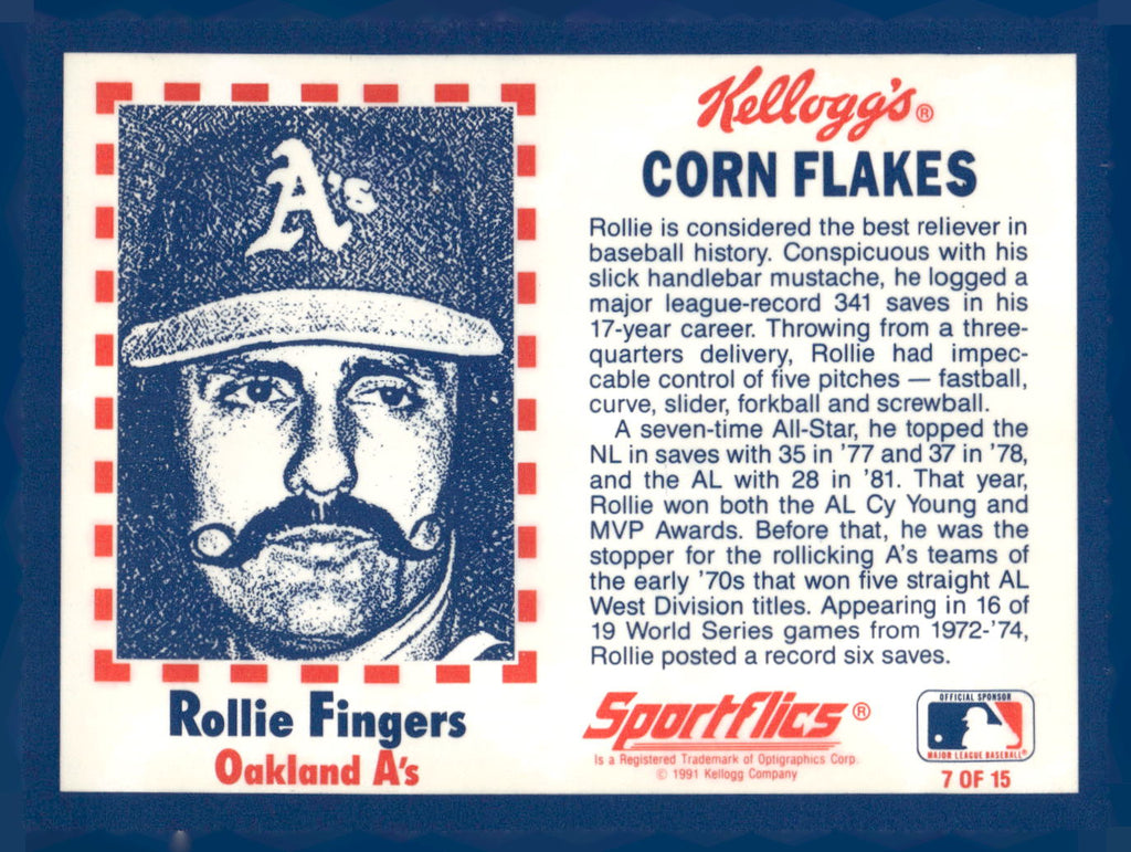 1991 Kellogg's Corn Flakes Baseball Greats #7 Rollie Fingers